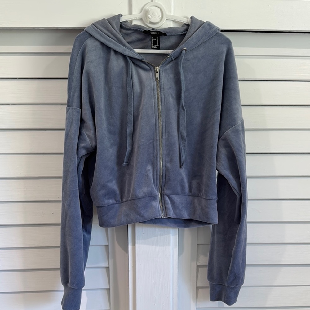 Forever 21 Dusty Blue Velvet Zip Cropped Hoodie